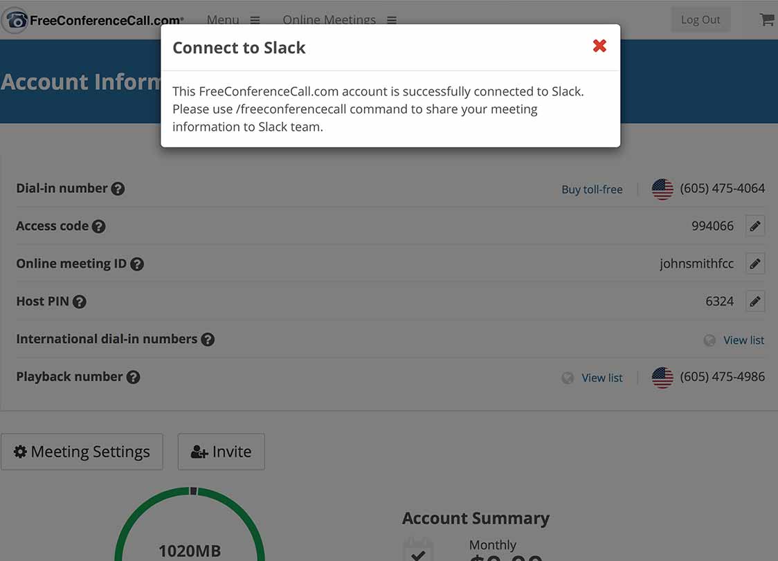 Une pop-up confirme que Freeconferencecall est connecté à Slack