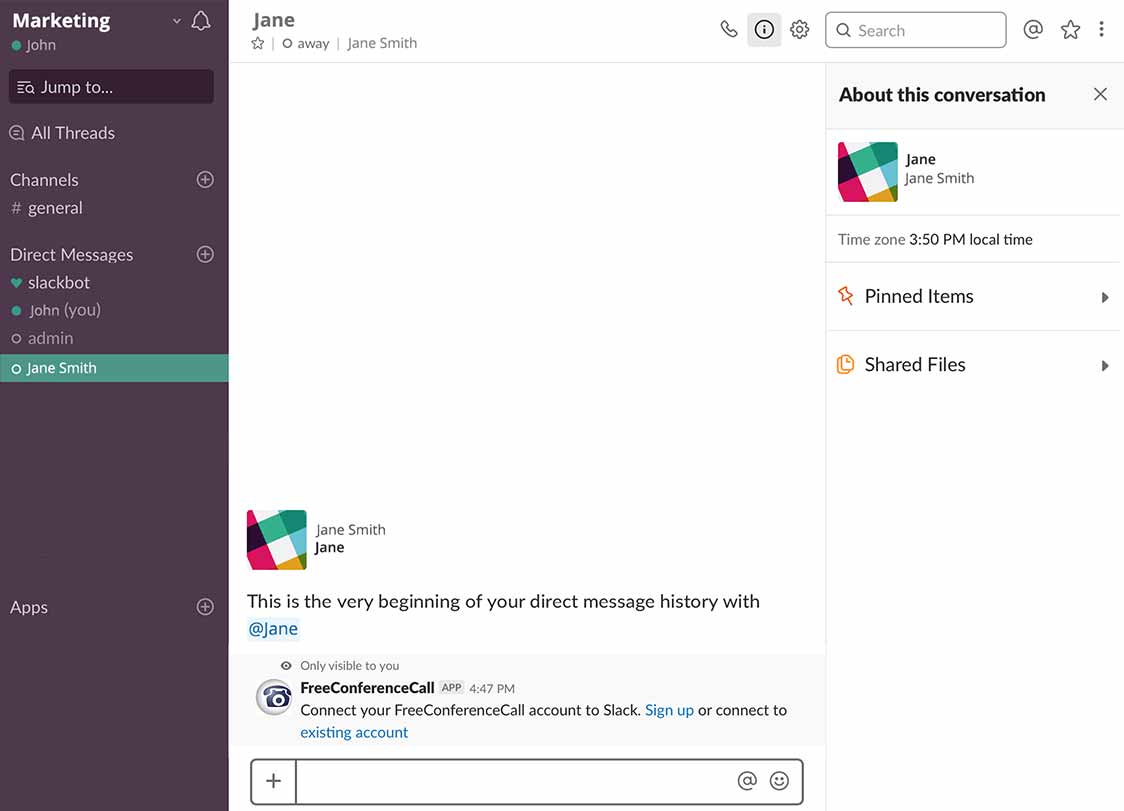 Slack irá direcioná-lo para as opções de entrar ou de se inscrever em uma nova conta de Freeconferencecall.