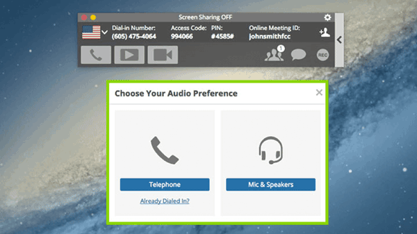 Video conferencing application opened and asking how you want to dial in?