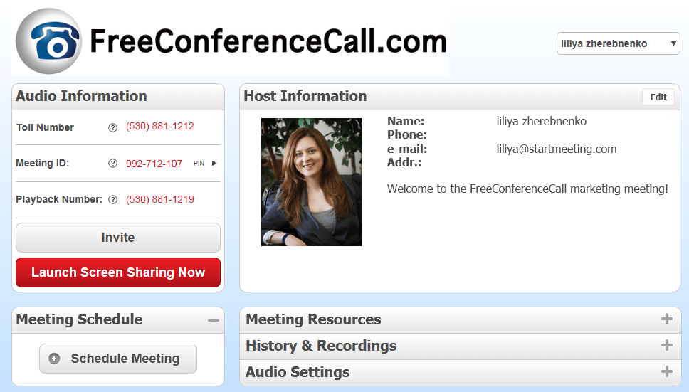 FreeConferenceCall.com wall with meeting credentials